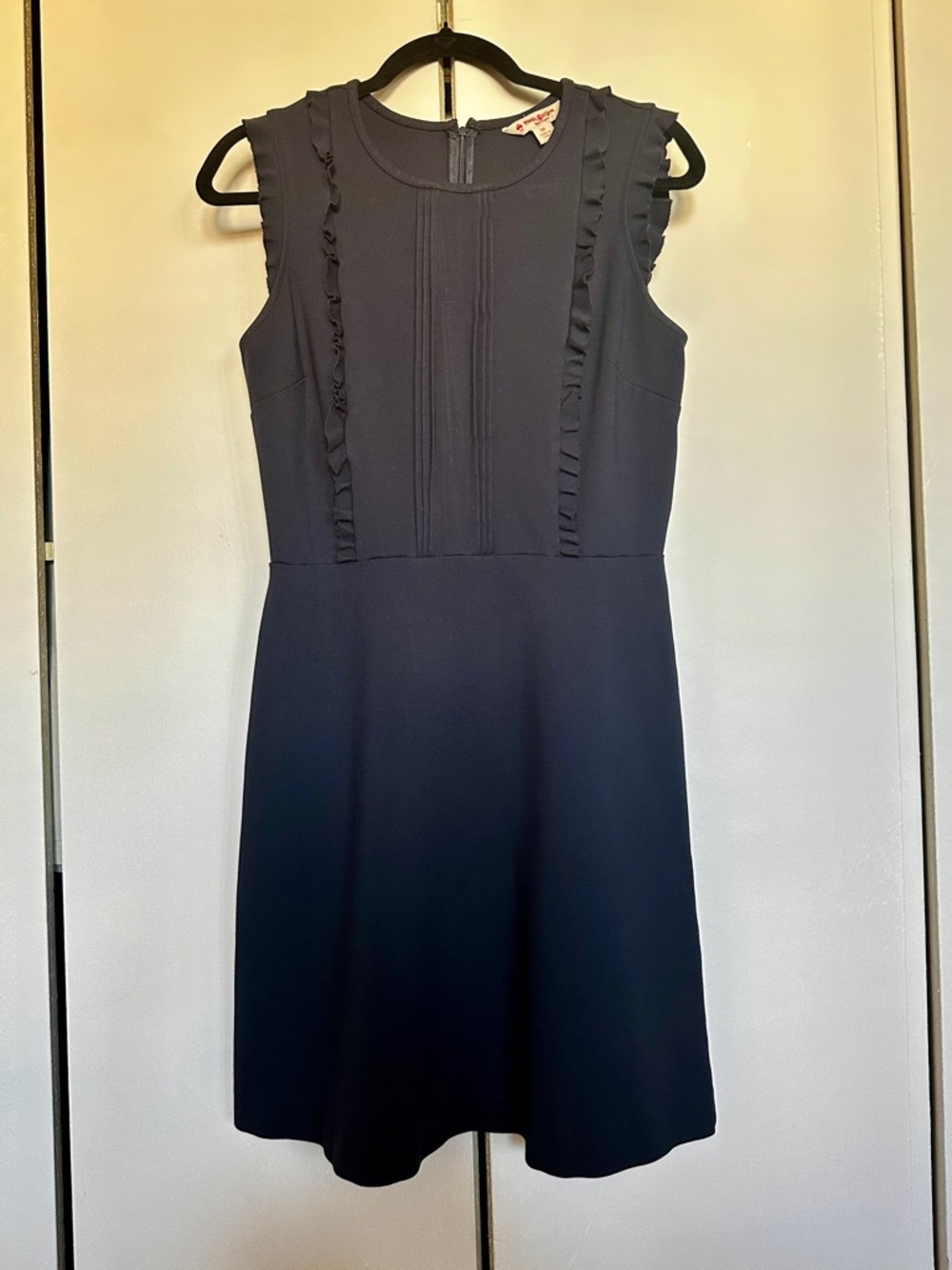 BROOKS BROTHERS Red Fleece Navy Sleeveless Ruffle-Trim Mini Sheath Dress M Work